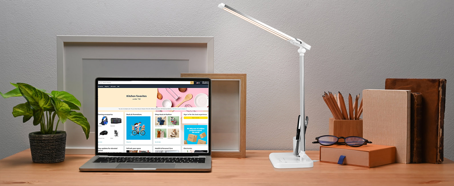 iVict LED лампа для столу з двома шарнірними руками, сенсорне керування, 5 режимів, таймер, USB-порт, пам'ять, для дітей, біла