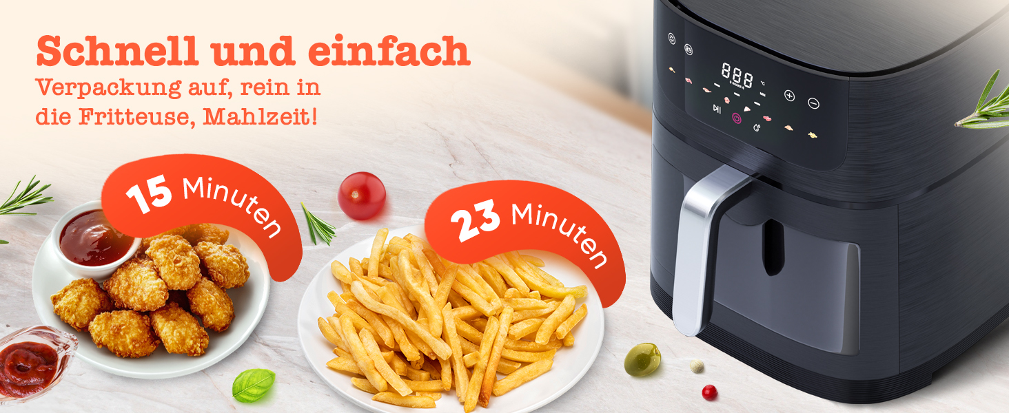 Stillstern Airfryer з оглядовим вікном, 8л, з парою та функцією Shake, 80-200°C, 1800W, таймер 120хв, 100 рецептів, чорний
