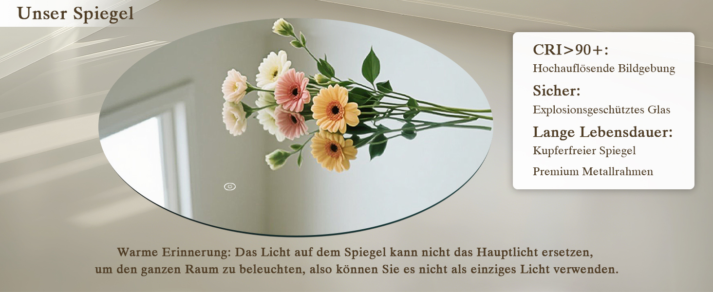 Дзеркало для ванної кімнати з підсвічуванням LED, антизапотівання, сенсорне управління, регулювання яскравості, 3 кольори світла, функція пам'яті, захист від вибуху, кругле дзеркало 50 см (діаметр), 60x60 см (розміри)