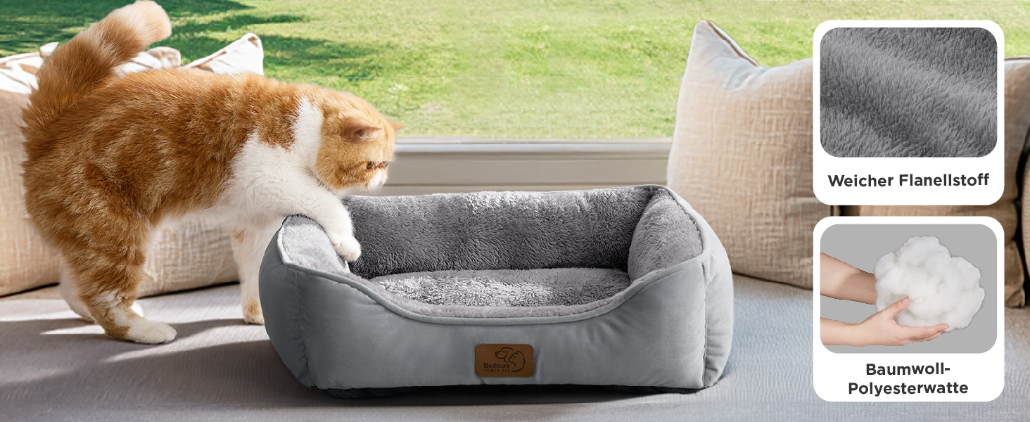 Кішечка ліжко BEDSURE велике, миється - 63.5x53см, неслизьке, для собак та кішок, квадратна корзина з м'яким бордюром, сіре, 63.5 x 53 см (Д x Ш)