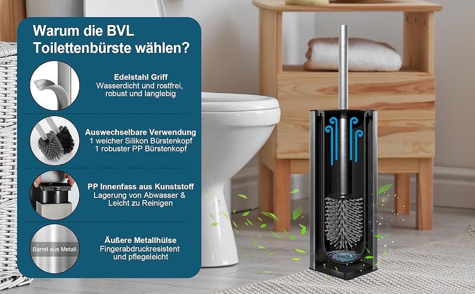 Металева щітка для туалету BVL з двома насадками, квадратна, для ванної кімнати (з щіткою)