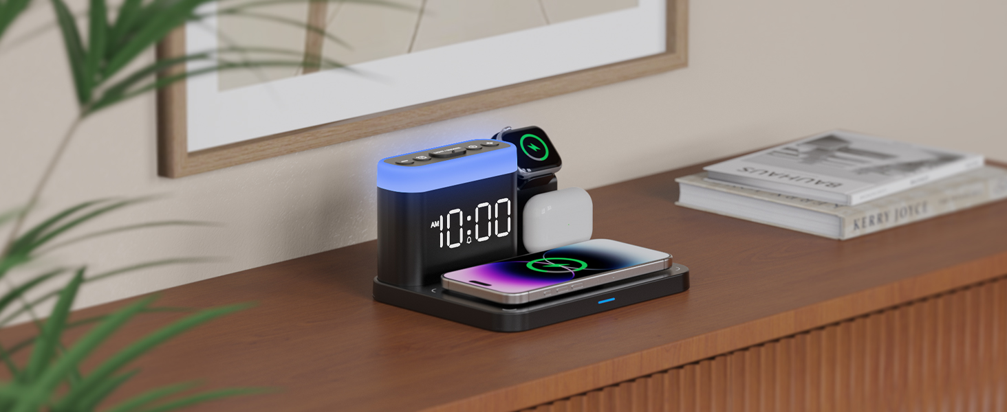 Бездрокова зарядна станція ANJANK 3-в-1 з будильником, 7 нічників та Mag-Safe для iPhone 17/16/15/14/13/12 Pro Max Plus, Apple Watch 11/10/9/8, AirPods