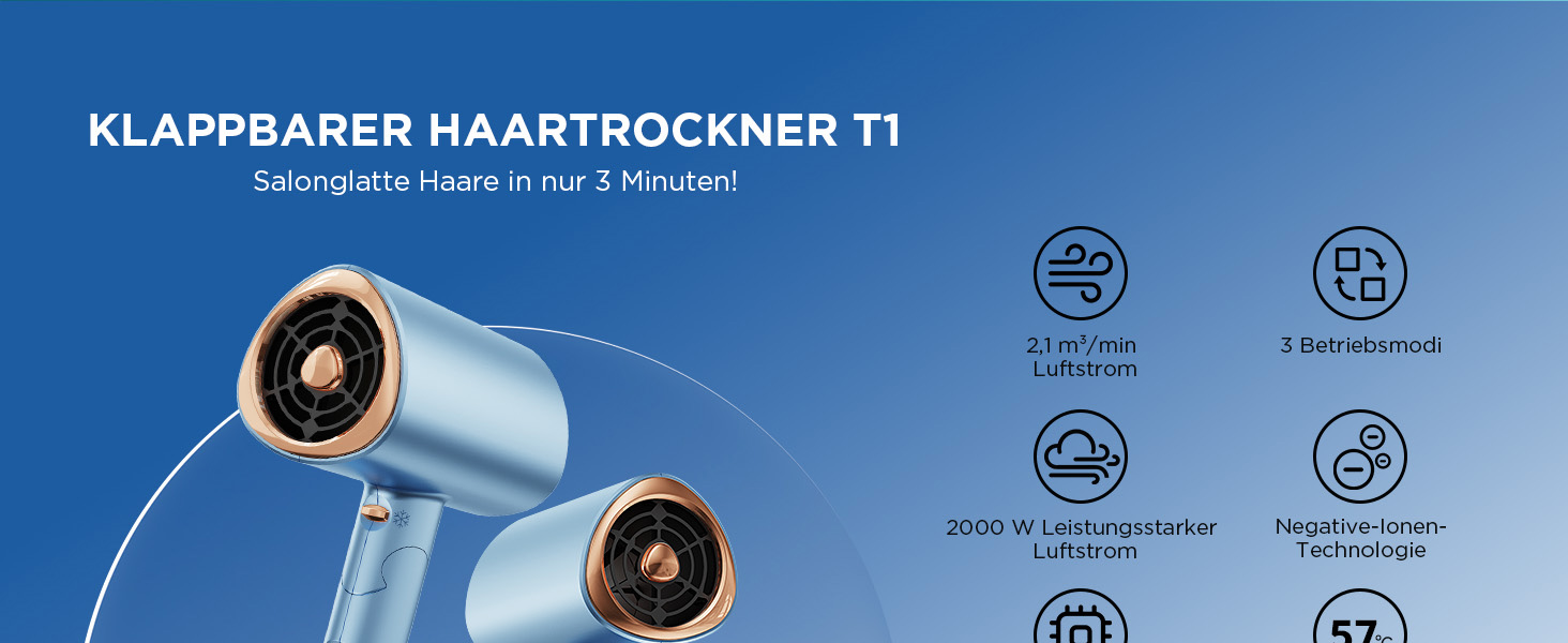 Складаний фен з іонізацією 2000 Вт, професійний, швидко сушильний, 2 швидкості, 3 режими нагріву, холодний струмінь, дифузор, концентратор, гребінці для укладки, для чоловіків та жінок, у подорожі