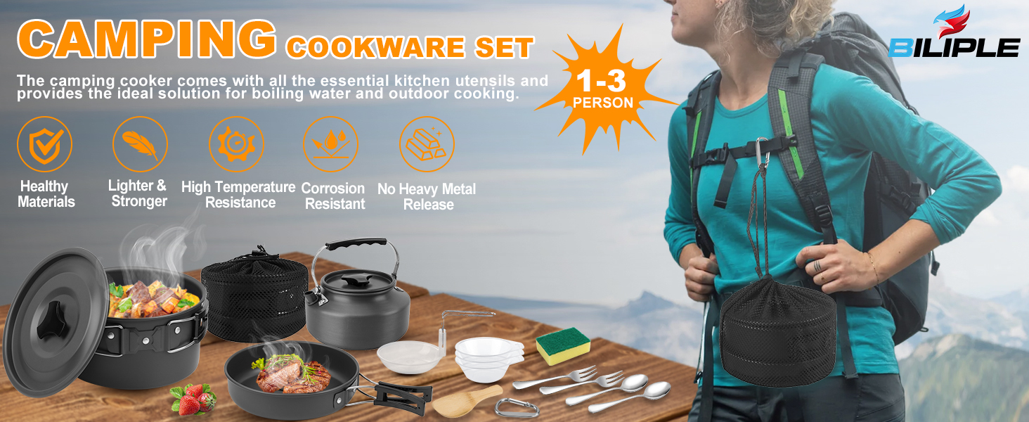 Набір кухонного посуду для кемпінгу: 15 предметів, чорний. Ідеально для пікніків, походів та кемпінгу. Включає казанок, сковорідку, чайник та інше.