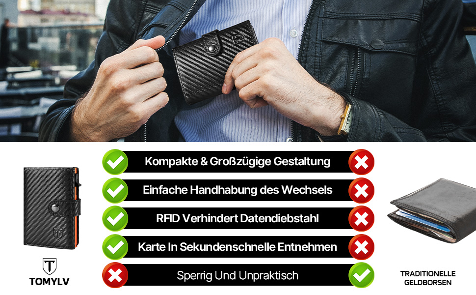 Чоловічий гаманець Tomylv з RFID захистом, стильний, з карбонової шкіри, двостороній, чорний & помаранчевий