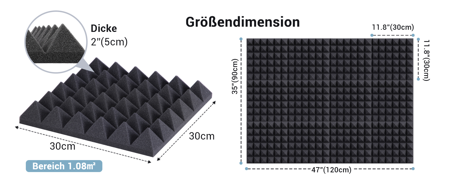 Акустичні пірамідні панелі Ohuhu для звукоізоляції, шумопоглинаючий спінеризований поролон 30x30x5 см, 24 шт. (для студії, подкастів, YouTube)