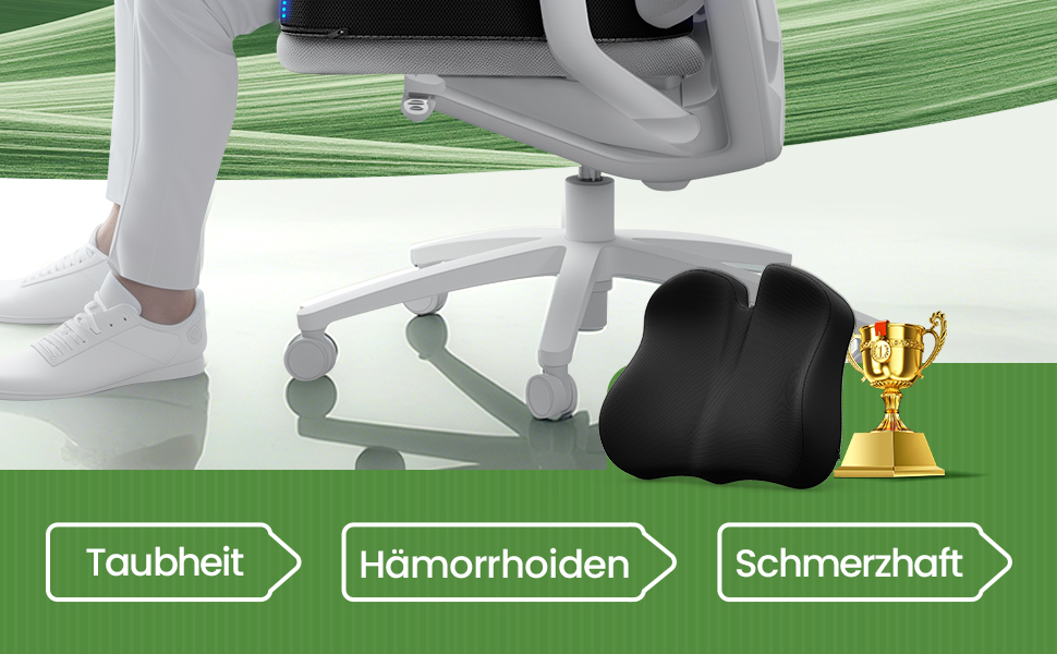 Подушка для сидіння з Memory Foam для куприка, ергономічна, для офісу, дому, авто та інвалідного візка. Захист від болю в куприку, протиковзка основа, чорний колір.