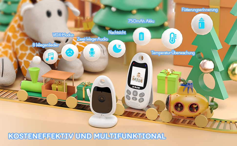 Дитячий відеомонітор BOIFUN з камерою, нічним баченням, датчиком температури та двостороннім зв'язком. 720p, 2.4 GHz, тривалий час роботи від акумулятора.