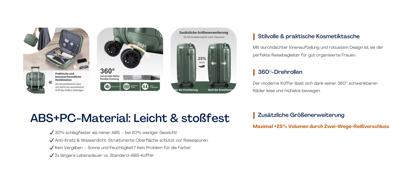 Набір валіз LEADZM 3 шт. з колесами, великий, жорсткий ABS+PC, телескопічна ручка, ручна поклажа (М'ятний)