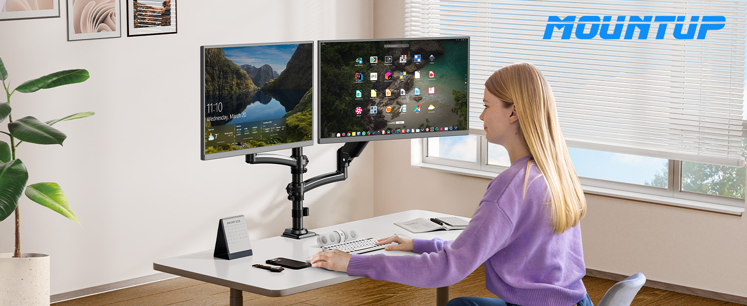 Кріплення для монітора MOUNTUP - 2 монітори, 13-32 дюйми, регульоване, VESA 75/100mm, 2-10 кг, EU6016B
