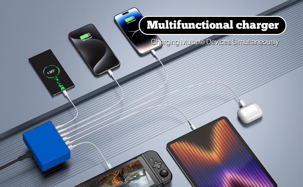 Зарядний пристрій USB-C 120W GaN, багатопортова станція 6 портів для iPhone/Samsung/Google/планшетів, синій