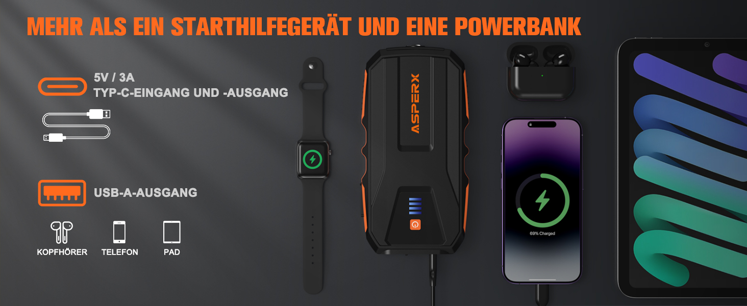 Powerbank Starthilfe AsperX 3000A: Зарядний пристрій для автомобіля 12V з кабелями, LED ліхтариком, IP64, для авто, вантажівок, мотоциклів