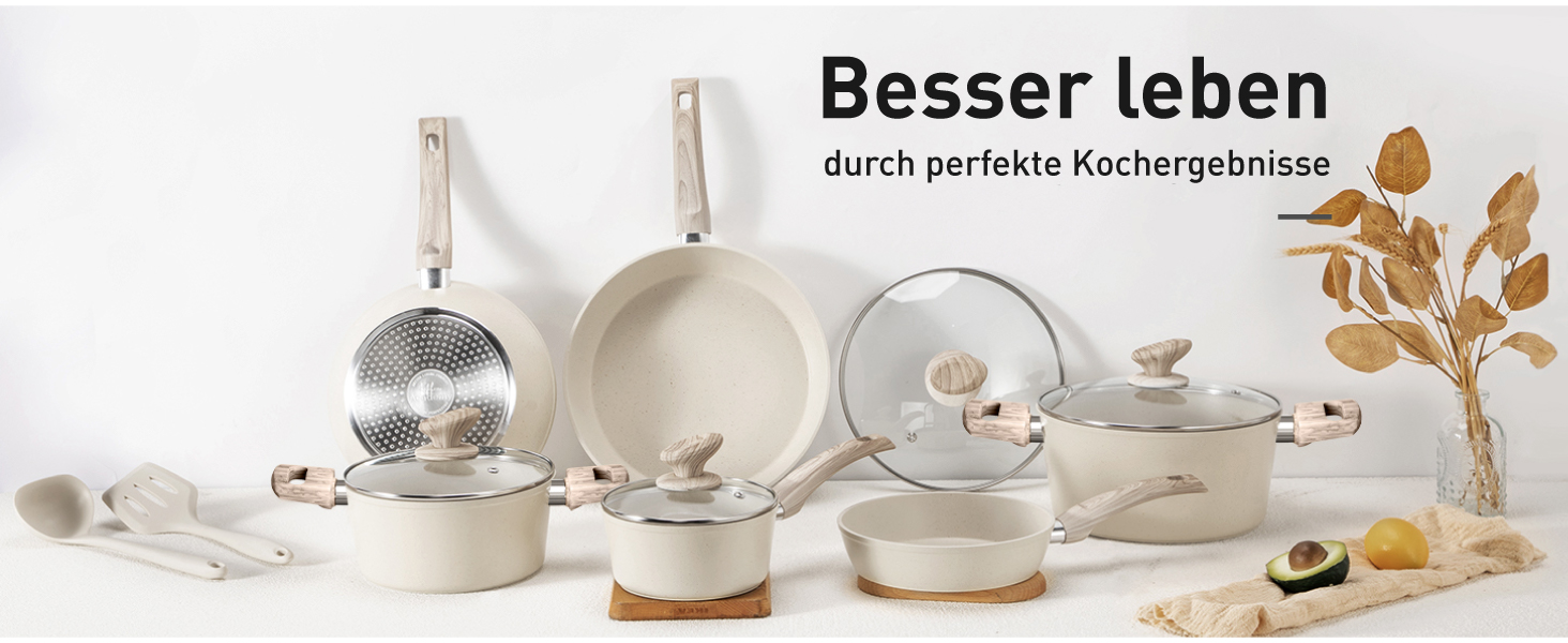 Набір посуду для індукції DishDelight, 12 предметів, гранітне антипригарне покриття, бежевий колір. Каструлі та сковороди з кришками.