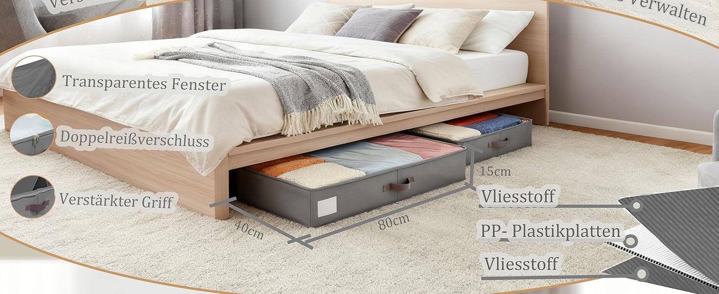 Коробки для зберігання під ліжком, 2 шт. з боковими стійками, сірі. Підходять для постільної білизни, одягу та ковдр.