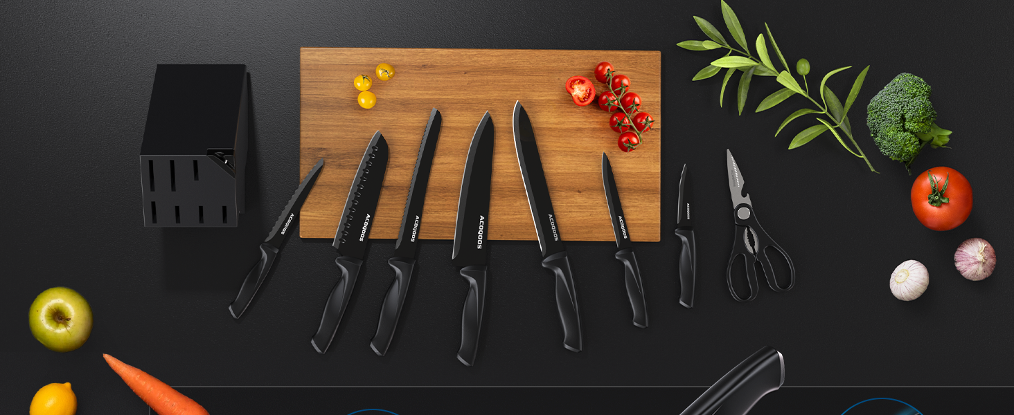 ACOQOOS 14-Piece Knife Block Set with Sharpener - Professional Kitchen Knife Set, Black