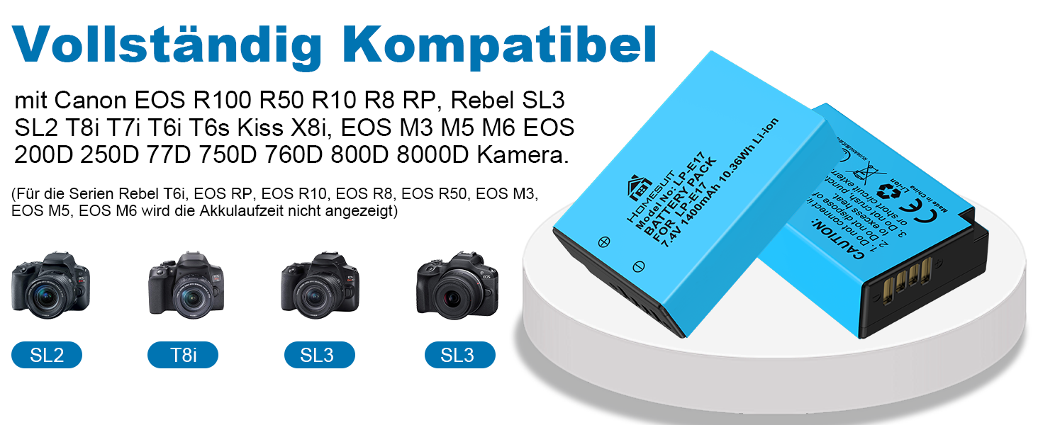 Набір акумуляторів Homesuit LP-E17 1400mAh 3шт. та зарядний пристрій LCD з USB для Canon EOS Rebel SL3, SL2, T8i, T7i, T6i, T6s, RP, M3, M5, M6, 200D, 77D, 750D, 760D, 800D, 8000D та інші моделі Canon