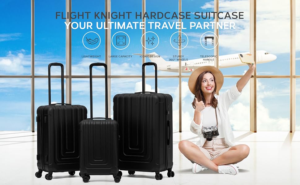 Набір валіз Flight Knight Premium (3 шт): S 55см, M 67см, L 76.5см, ABS-пластик, TSA-замок, USB-порт, 8 коліс, антрацит/чорний