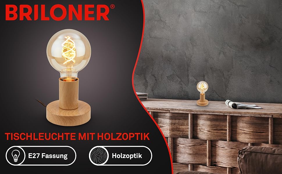 BRILONER Настільна лампа мініатюрна, ретро/вінтаж, E27, 10W, для дому, офісу, читання, 10x9 см, дерево/метал