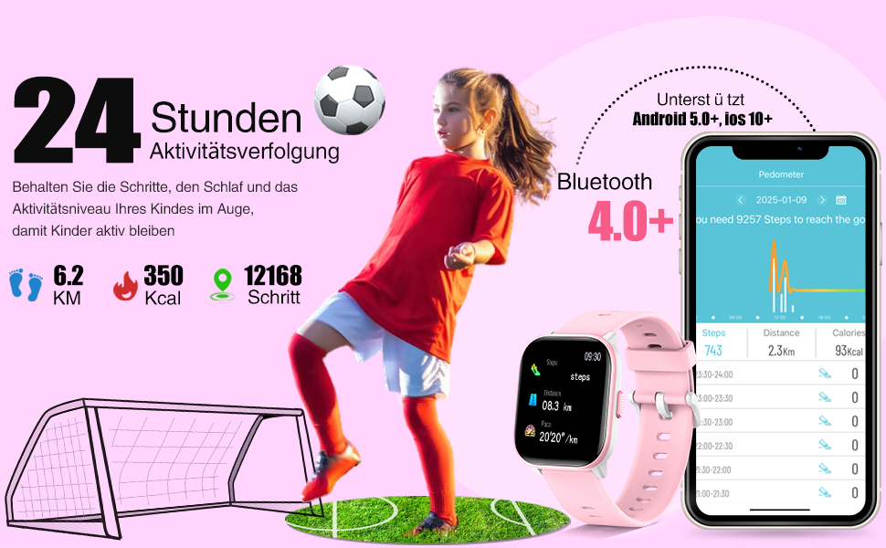 Дитячий розумний годинник для дівчаток та хлопчиків, 1.5' фітнес-трекер з 19 спортивними режимами, моніторингом сну, серцевого ритму, крокомером, IP68 водонепроникний, подарунок для дітей 6-15 років, рожевий