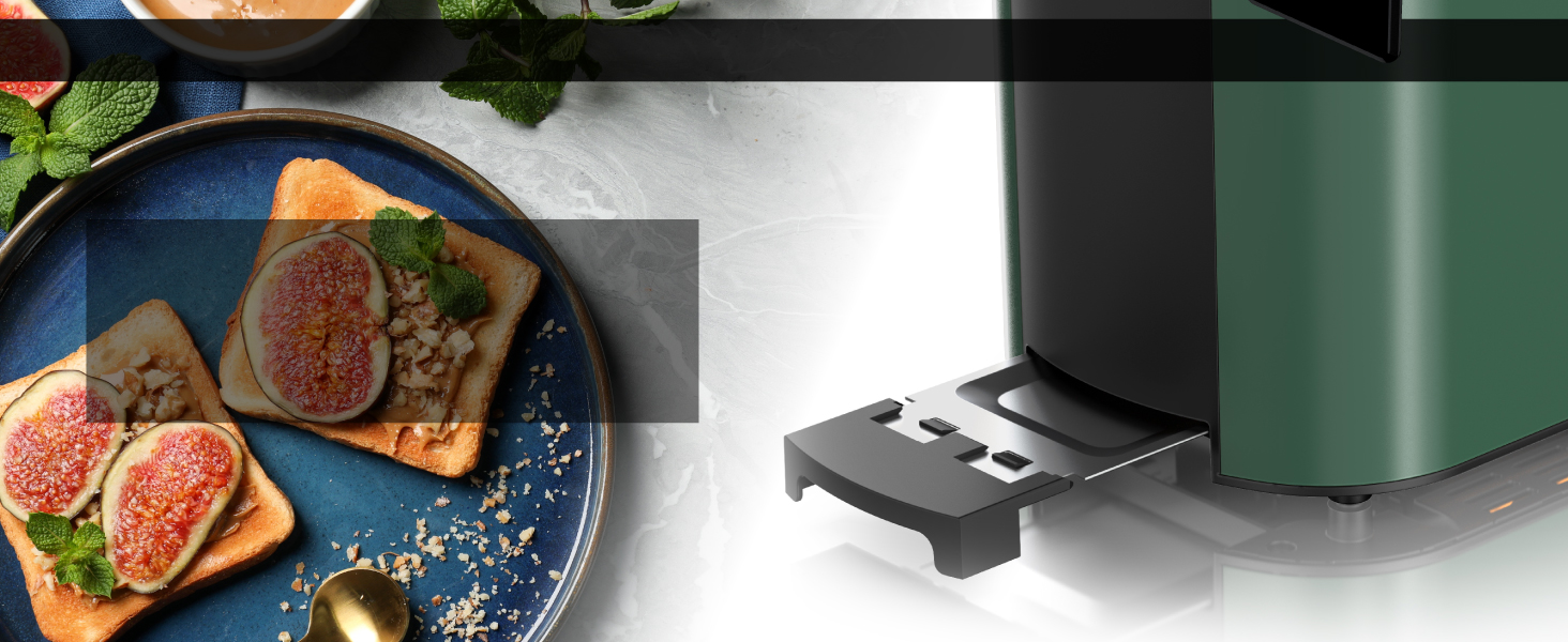 Тостер Arendo з нержавіючої сталі, 4 слоти, сенсорний екран, подвійні стінки, 1500 Вт, підставка для булочок, 7 рівнів підсмажування, центрування хліба, таймер, пам'ять, індикатор E: Green