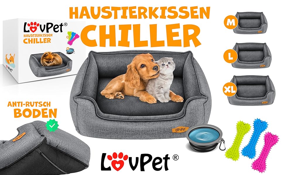 Лежак для собак Lovpet® Chiller з мискою та 3 кісточками, знімний та праний чохол, сірий, 90x75x25 см, для малих, середніх і великих собак