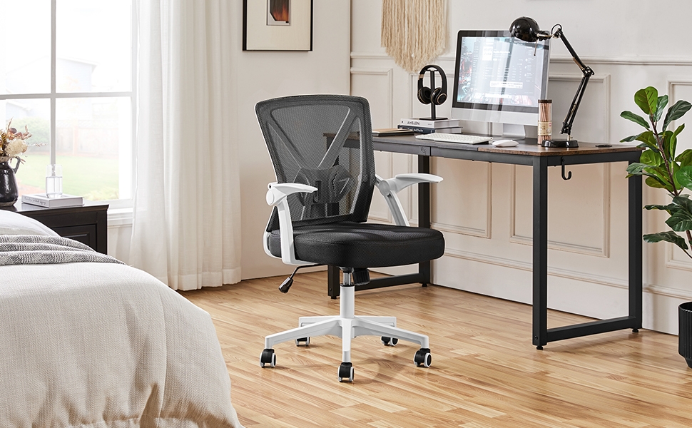 Офісне крісло Yaheetech з підйомними підлокітниками, сітчасте, ергономічне, з підтримкою попереку, функцією гойдання та регулюванням висоти (біле)