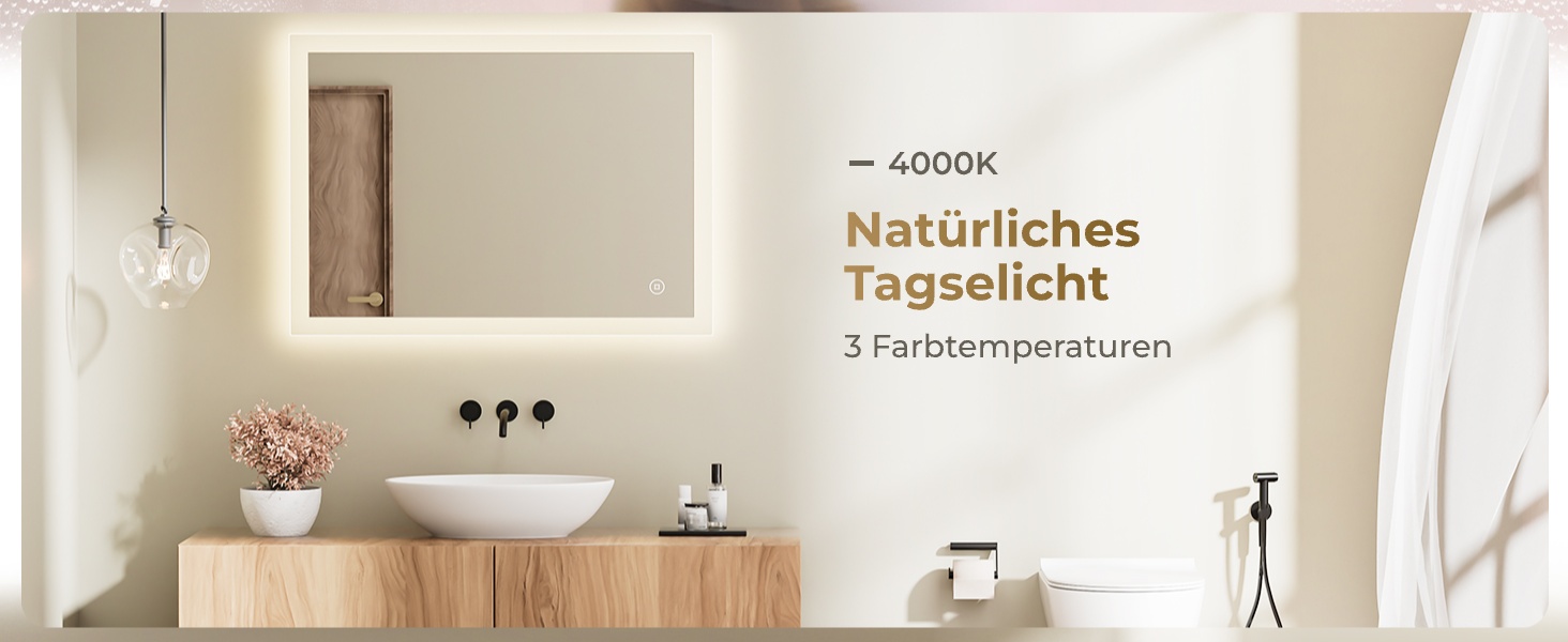 Дзеркало для ванної кімнати з підсвічуванням LED 80x60 см, регульоване, 3 кольори світла (3000K/4000K/6500K), антизапарник, вертикальна/горизонтальна установка, без збільшення 3x