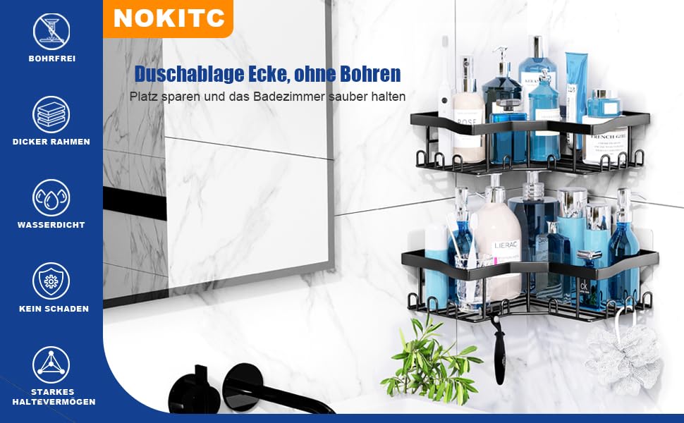 Набір кутових поличок для душу NOKITC - 2 шт., без свердління, з нержавіючої сталі, для шампуню та мила, чорний