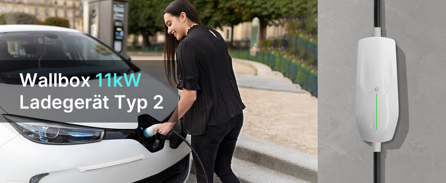 Teskee Мо́більна зарядна станція для електромобілів 11 кВт, роз'єм Type 2, кабель 6 метрів, 3-фазний CEE-штекер