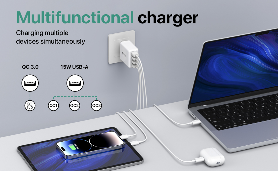Блок зарядного пристрою USB C 40W з 4 портами, швидка зарядка PD+QC, для iPhone, Samsung, Tablet, білий (сірий)