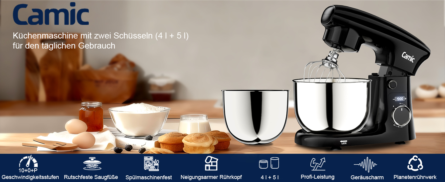 Кухонний комбайн-міксер Camic з LED-дисплеєм, 10 швидкостей, 3 насадки (вінчик, міксер, гак) та 2 чашами з нержавіючої сталі 4л і 5л для тіста, хліба та тортів, чорний
