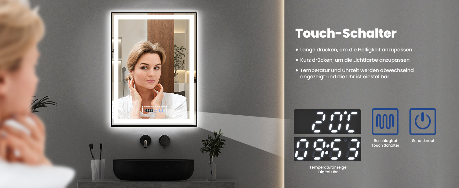 Дзеркало YOURLITE з підсвічуванням 70x50 см, LED дзеркало для ванної кімнати з сенсорним вимикачем, годинником, 3 кольори світла, регулювання яскравості, антизапарник, пам'ять, срібний (чорний, 80x60 см)