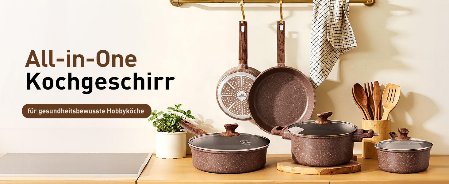 Набір каструль Kitchen Academy з антипригарним покриттям для індукційних плит зі скляними кришками, коричневий, 10 предметів