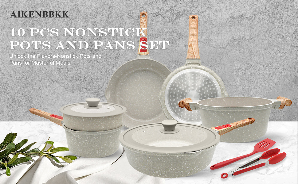 Набір посуду AIKENBBKK 10 предметів: сковороди з кришкою 20, 24, 28 см, каструля з ручкою 18 см + пароварка, каструля 4.7 л, антипригарне покриття, знімний ручка (білий)