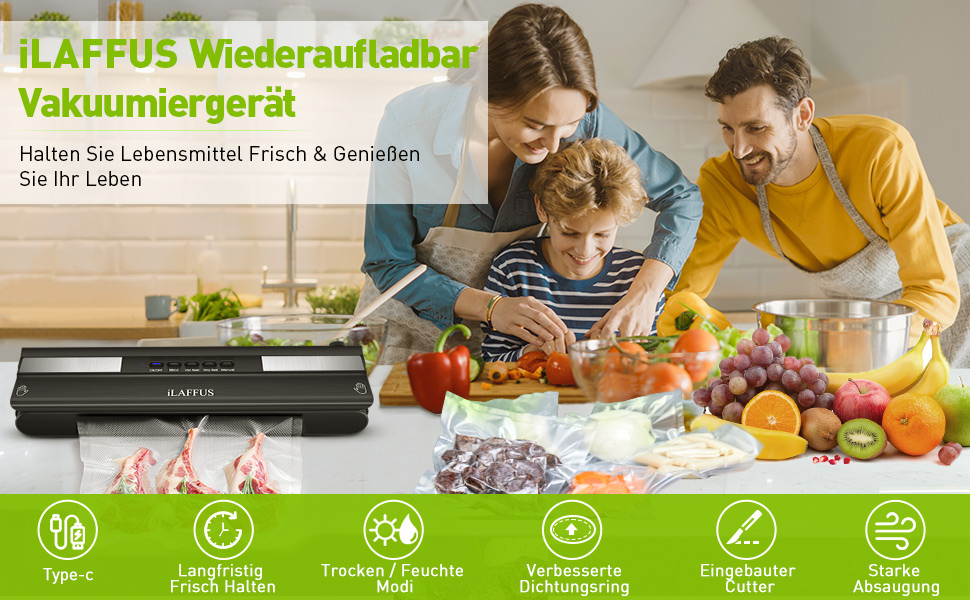 iLAFFUS Бездротовий вакуумний упаковник, портативний, акумуляторний, для приготування су-від з нарізкою, запаювач фольги для сухих та вологих продуктів, в комплекті 5 вакуумних пакетів та шланг