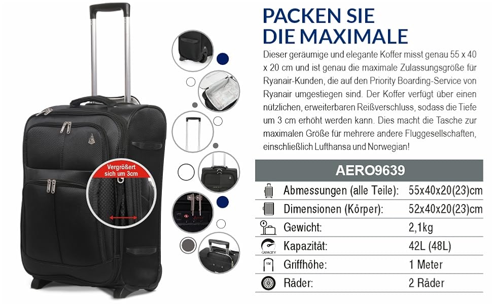 Розширюваний валіза Aerolite 55x40x20/23 см – ручна поклажа для Lufthansa, Eurowings, Condor, SunExpress, TUI (Чорний)