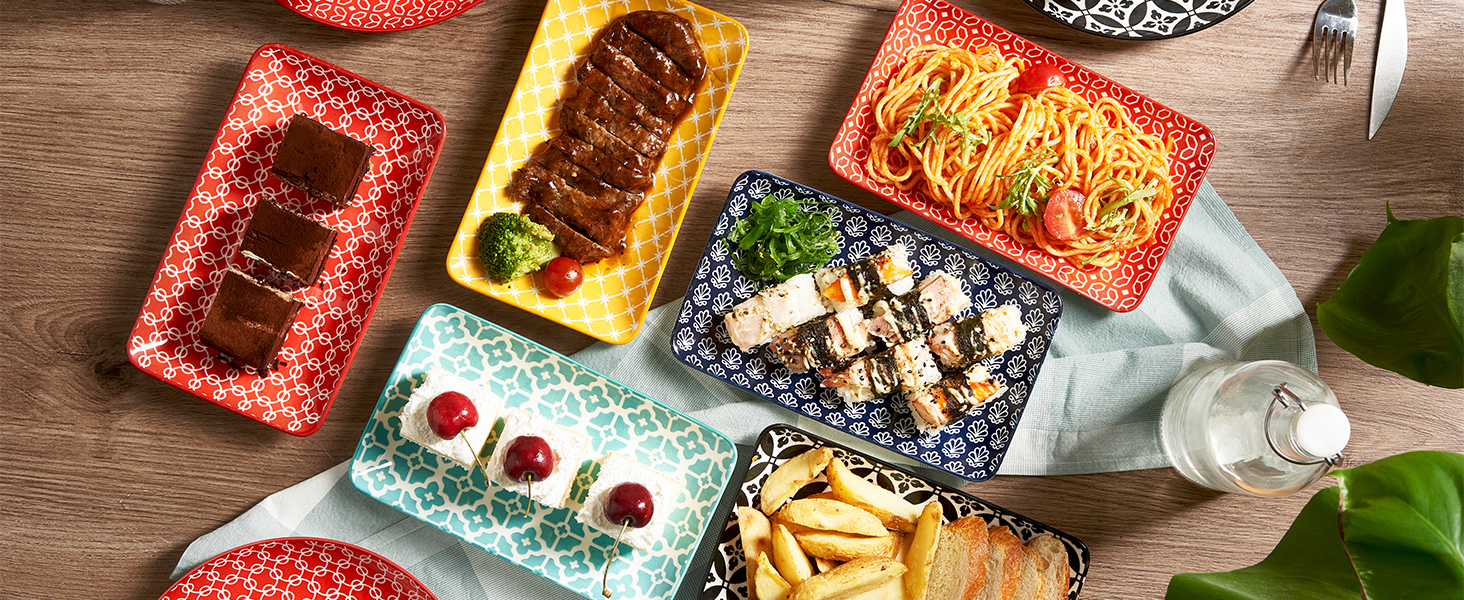 DOWAN Сервірна таця 6-ти місна - Bone China, прямокутна, 20.5 см - для закусок, суші, фруктів, салату, десерту. Можливе використання в мікрохвильовій печі, духовці, миєвій машині. Багатобарвна