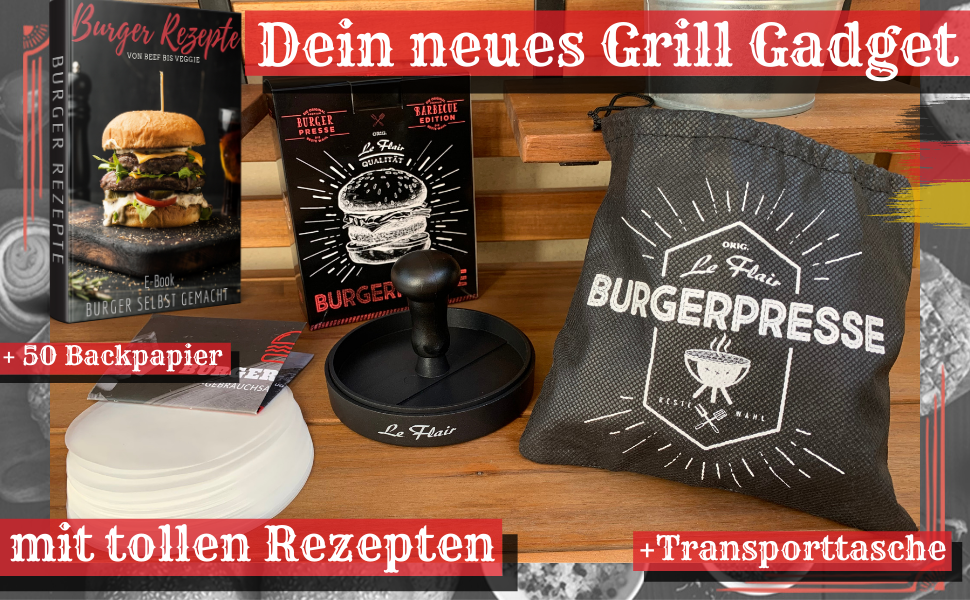 Пресс для бургерів Le Flair® з алюмінію: преміум-якість, з чохлом та 50 аркушами паперу для випікання. Ідеальний подарунок для гриля. Чорний колір.
