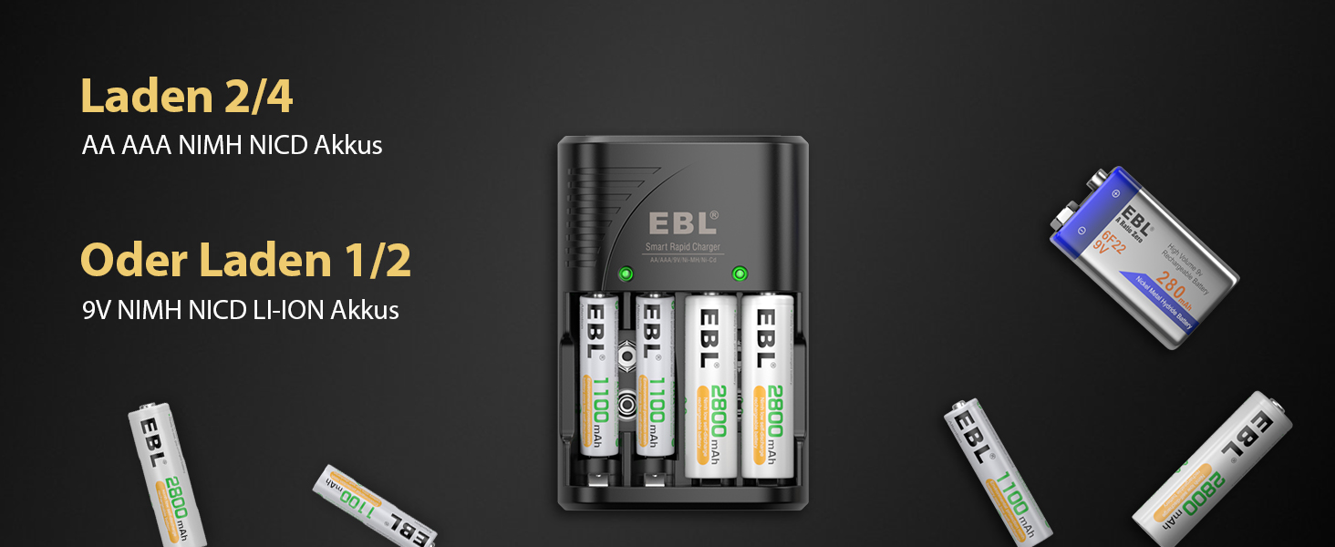 Зарядний пристрій для акумуляторів EBL AA AAA 9V NIMH з 4 відсіками, Smart Plug, LED-дисплей, швидка зарядка