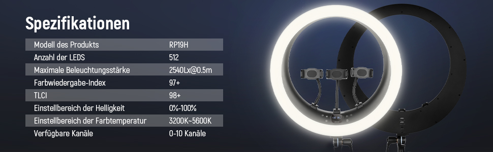 NEEWER Ringlicht RP19H 19 дюймів з триподом та 3 тримачами для телефону, дистанційне керування 2.4G, плавне регулювання яскравості, LCD та сенсорне керування, 42W CRI 97+ 2540 Lux, для стрімінгу, дому, офісу, Zoom, освітлення кільцеве світло з пусковим пристроєм