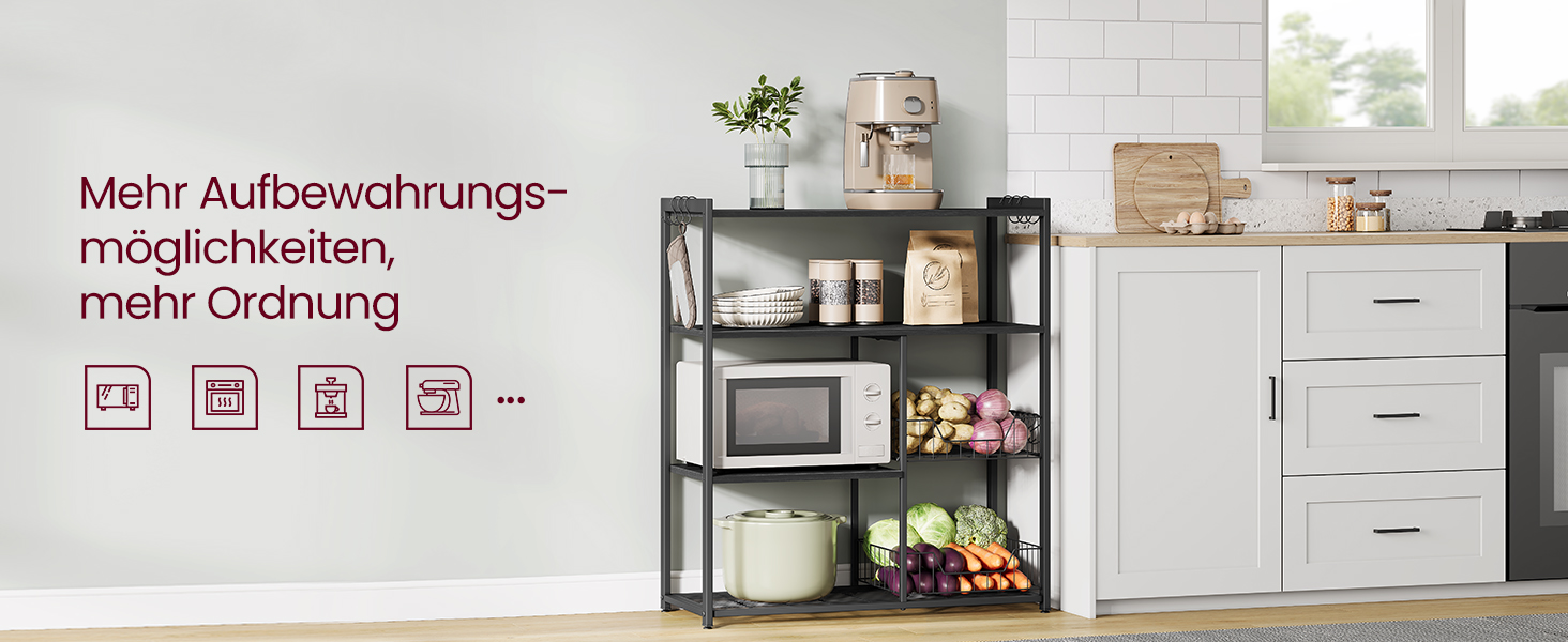 Стелаж кухонний VASAGLE з 2 металевими кошиками, з гачками та полицями, для мікрохвильової печі, 35 x 80 x 93,5 см, золотий дуб + білий (KKS096W09)