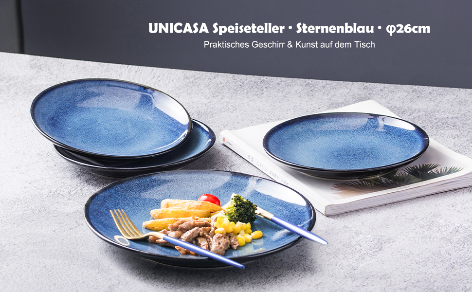 Набір тарілок UNICASA 4 шт. з порцеляни, 16 см, ідеально підходять для супу, десерту, сніданку, сервіз на 4 персони (26 см, блакитний)