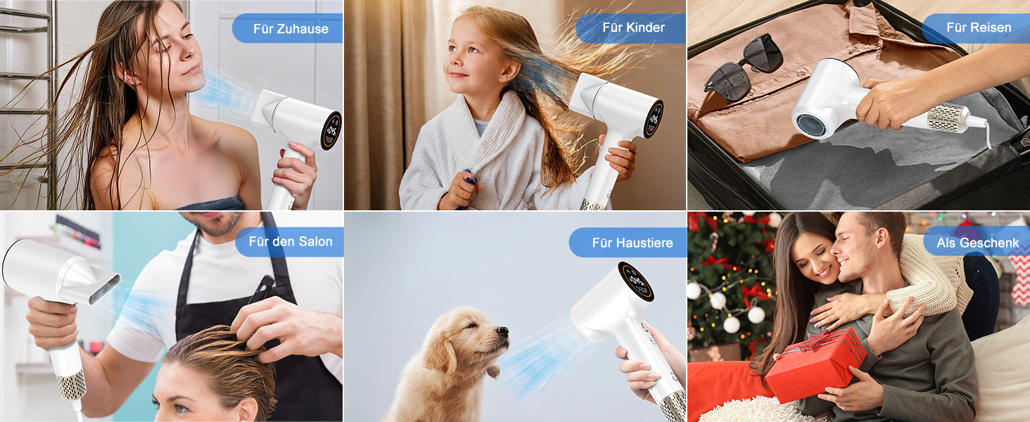 Фен для волосся з плазмою та безщітковим мотором 110 000 об/хв - швидке сушіння, тиха робота, з магнітною насадкою, для дому та подорожей (темно-сірий)