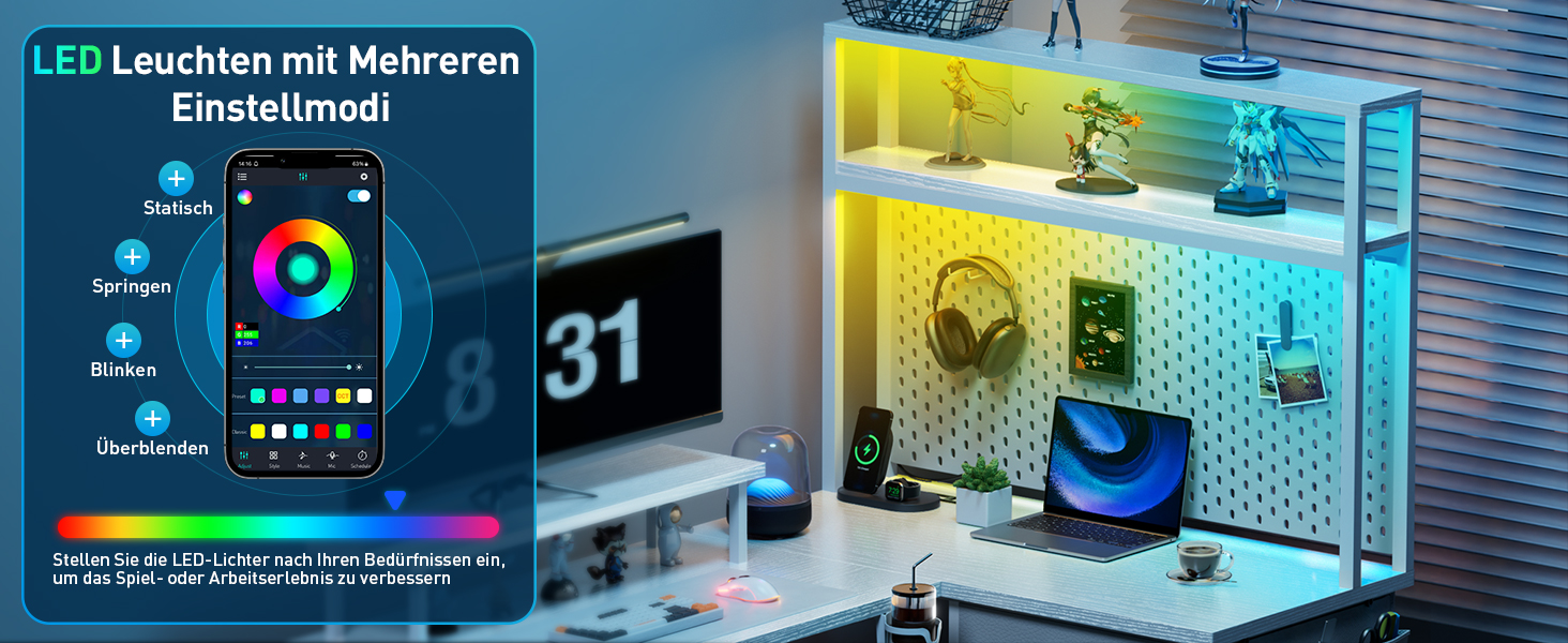 Ігровий стіл кутовий 150x100 см з 3 розетками та 2 USB, зворотний, з LED підсвічуванням, з ящиками та підставкою для монітора. Білий кутовий ігровий комп'ютерний стіл 170x100 см.