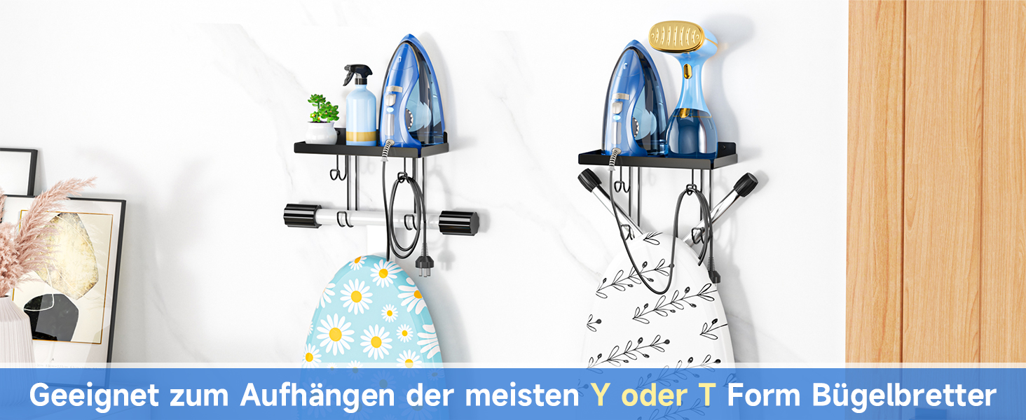 Настінна тримач для прасувальної дошки, праски та аксесуарів, чорний, металева стійка з великою полицею для прасування, Y/T-подібна форма