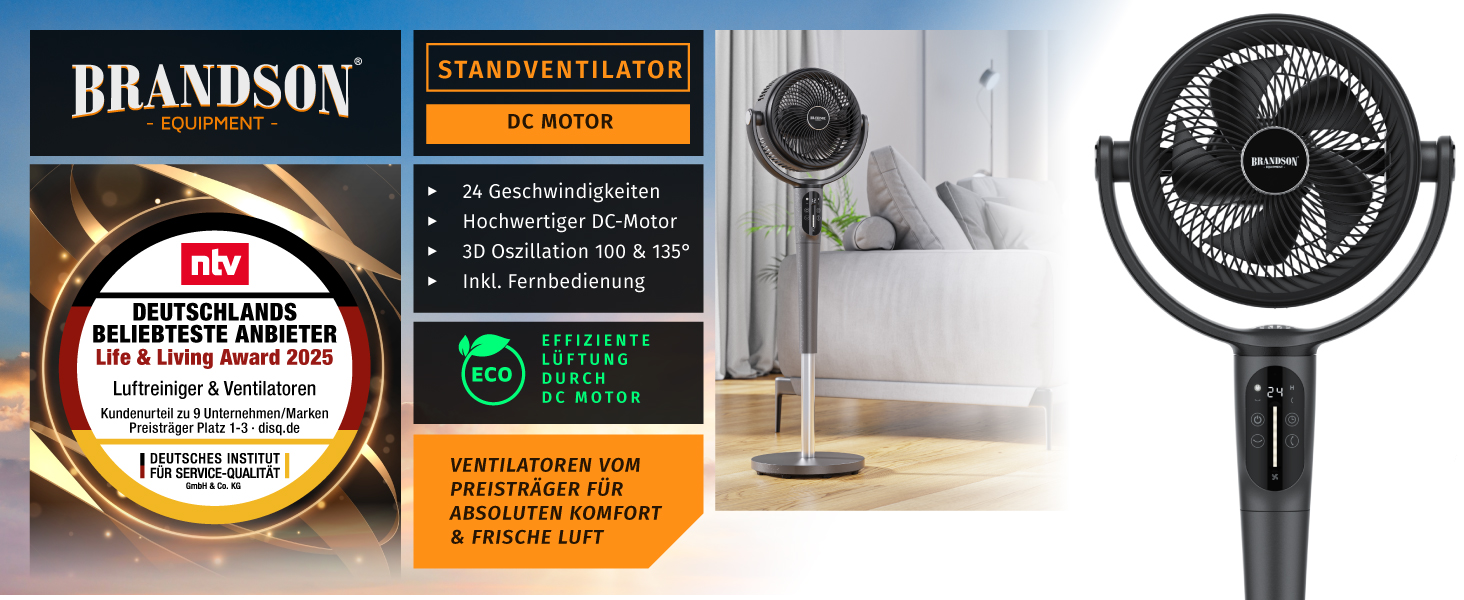 Вентилятор Standson 3D з DC мотором, тихий, енергоефективний, з пультом керування, 24 швидкості, осциляція