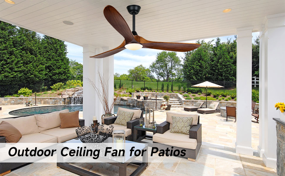 Дзеркальний вентилятор для стелі з дерева, без освітлення, з дистанційним керуванням, тихий, для вологого приміщення (132 см/52 дюйми, коричневий, 3 лопаті)