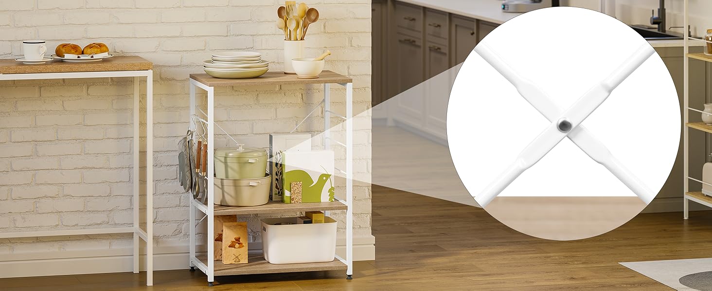 Kitchen Shelf, Microwave Shelf with 4 Hooks, Baking Shelf with 3 Tiers, Storage Shelf for Kitchen, Cafe, Living Room, Bathroom, 60 x 82 x 40 cm, Light Oak + White