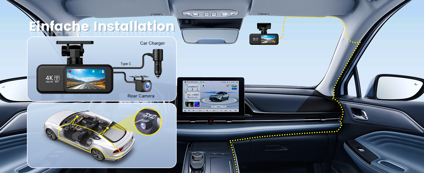 Відеореєстратор SIGRILL Dashcam Auto 4K+1080P з Wi-Fi, двоканальний, з карткою 64GB, нічне бачення, паркувальний режим, G-сенсор, запис по колу, підтримка до 256GB