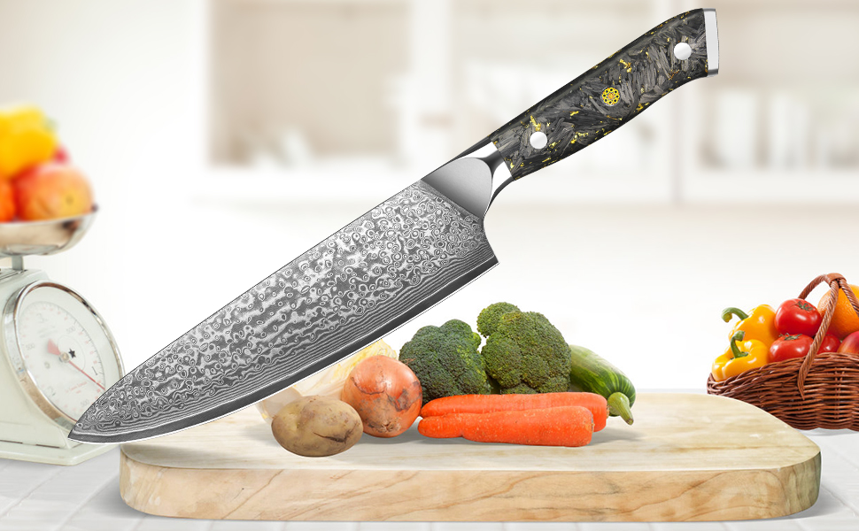 Японський ніж Kuchmesser Kyushublade з дамаської сталі (67 шарів), професійний, з унікальною ручкою з карбону та золота